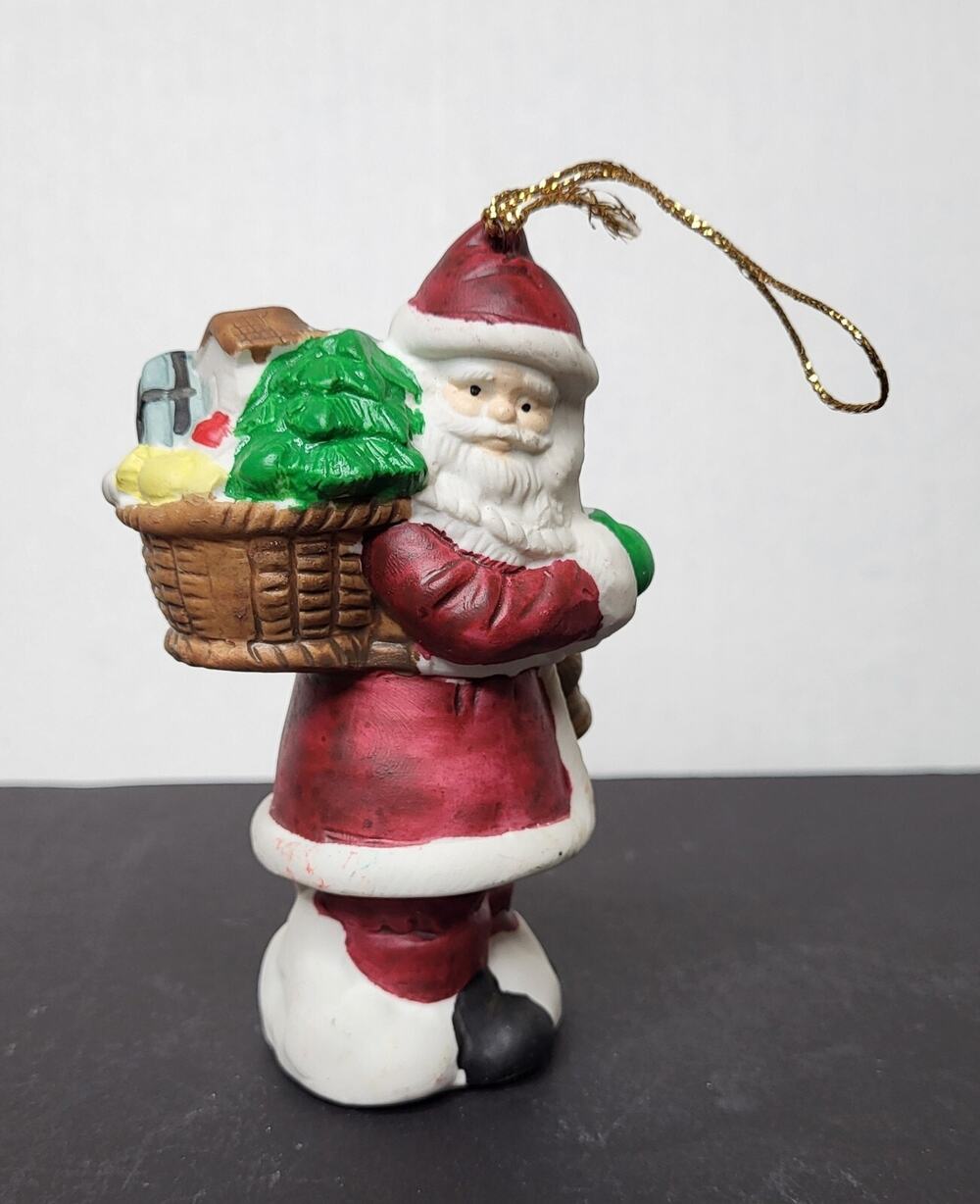 Santa Claus Ceramic 4" Hand Painted Christmas Ornament w/ Basket Of Toys Taiwan